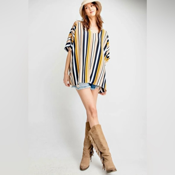 Brand New EASEL Cold Shoulder Multi Color Stripe Poncho Top Size SMALL - Picture 3 of 5